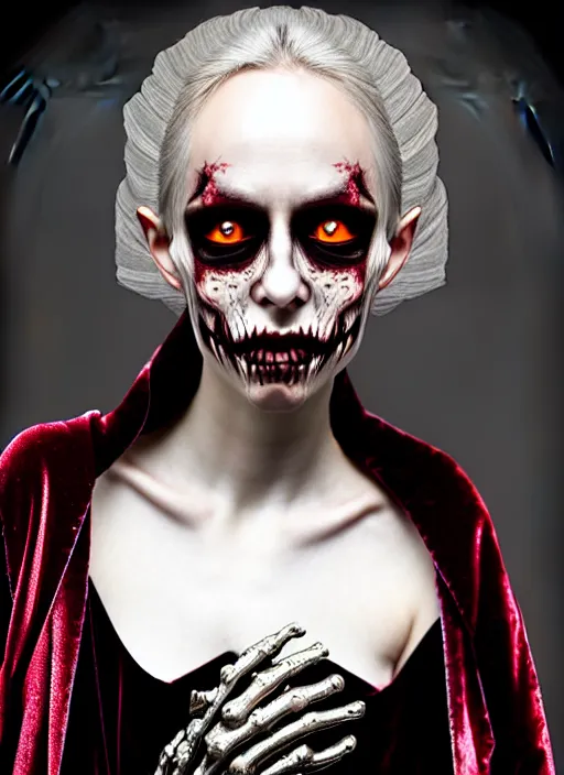 Prompt: surreal highly detailed photo portrait of a beautiful female undead vampire, short wavy silver hair, depressing hopeless horrific vibe, 150 mm lens, soft rim light, bold ornate crimson robes with silver lace trim, pronounced facial contouring, sly expression, pale skin, dark studio background, Alexander McQueen, high fashion, haute couture, rococo, anatomical, elegant, hyper realistic, octane render, unreal engine 5, art by John Collier and Albert Aublet and Krenz Cushart and Artem Demura and Alphonse Mucha, hints of Dan Hillier and H. R. Giger, volumetric lighting, 8k, vibrant high contrast coloring, Art Nouveau, masterpiece, intricate, ethereal