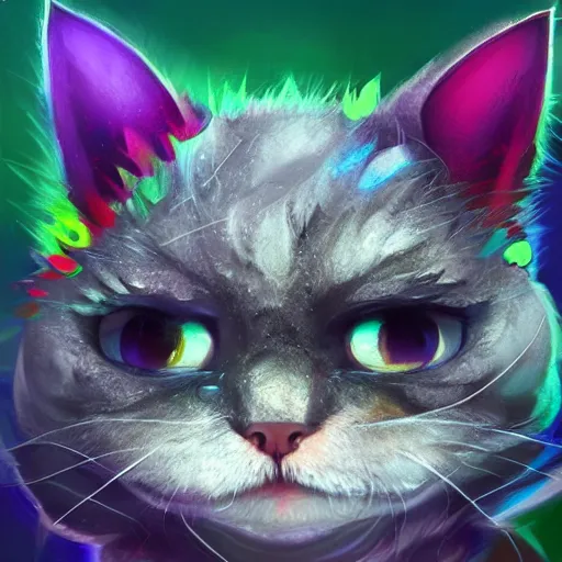 Prompt: close up of furious teemo from league of legends as a grey american shorthair cat, vivid color, neon color, intricate detail, digital painting, particles floating, whimsical background by marc simonetti, artwork by ross tran + ramond swanland + liam wong