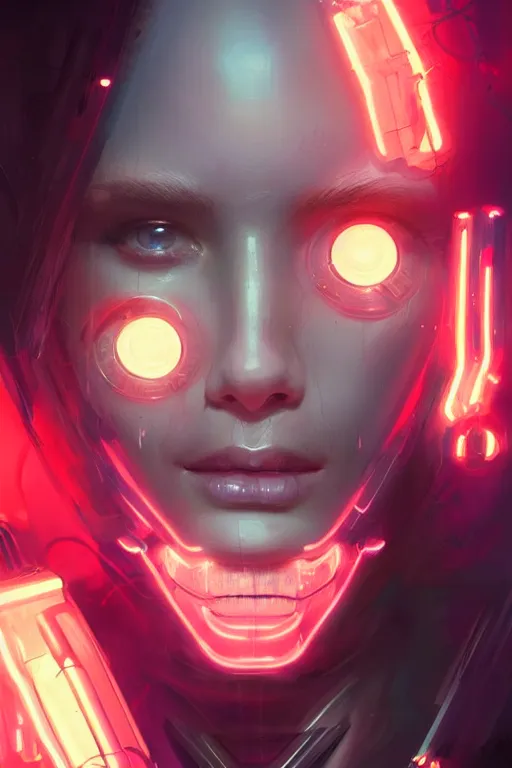 Image similar to portrait of a trippy cyborg girl with biotechnical parts and neon light by Artgerm and Greg Rutkowski , digital painting, highly detailed, trending on artstation