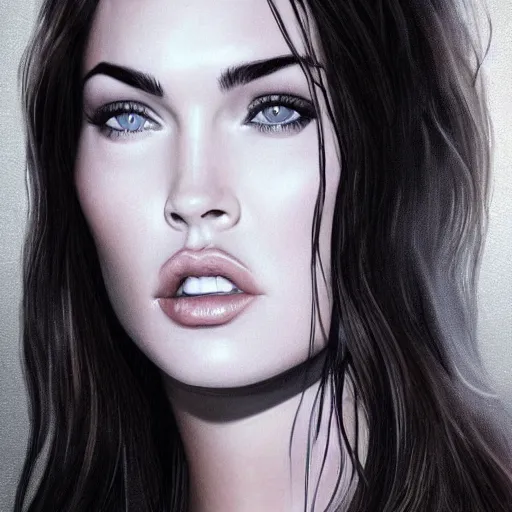 Image similar to megan fox closeup of face. hyperrealistic portrait, photo realistic, poster, artstation, volumetric lighting, digital art, very detailed face by magali villeneuve