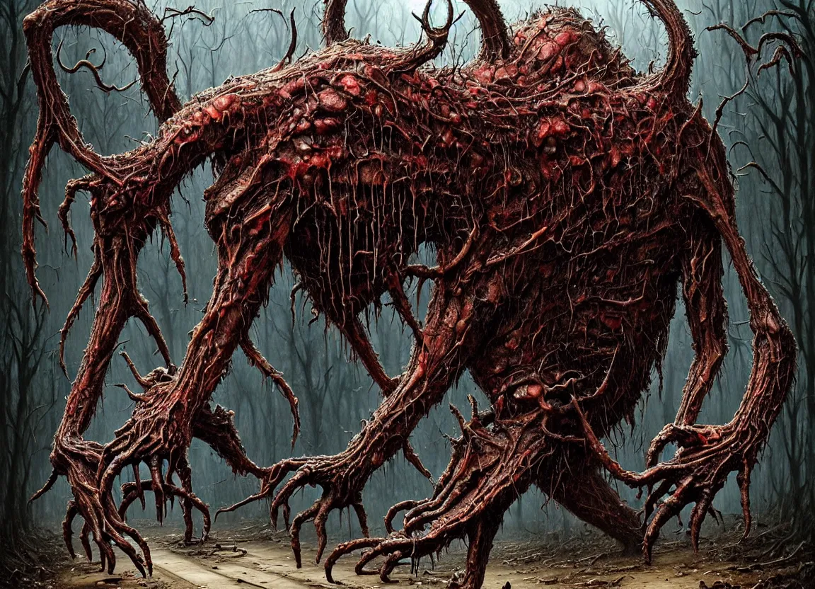 Image similar to Giant fanged limb monster walks in the road. Drops of blood, meat, guts, mouths, many eyes on head, horns. Dark colors, high detail, hyperrealism, horror art, intricate details, masterpiece, biopunk, body-horror, art by Greg Broadmore, Esao Andrews, Beksinski, Giger
