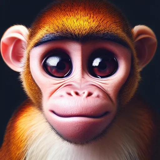 Image similar to very very very very cute chibi baby fruit monkey, portrait, pixar style, forest background, cinematic lighting, award winning creature portrait photography