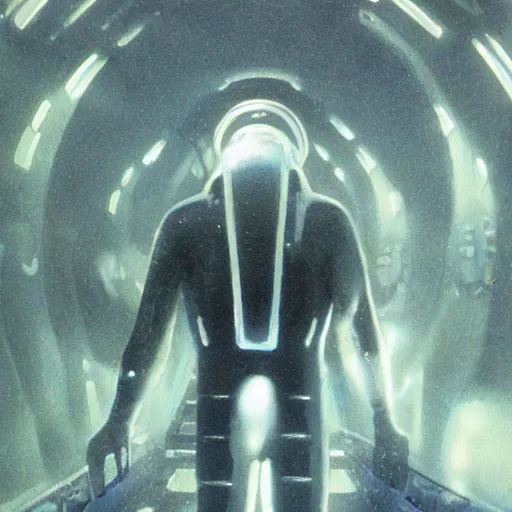 Image similar to concept art from 1 9 9 8 by david cronenberg diver astronaut in underwater futuristic dark and empty spaceship. complex technical suit design. reflection material. rays and dispersion of light breaking through the deep water. trend artstation, 3 5 mm, f / 3 2. noise film photo. flash photography