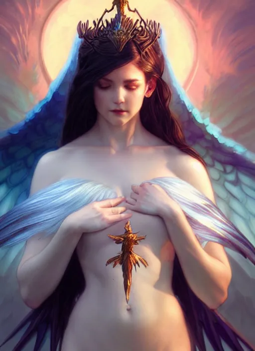 Image similar to a beautiful cinematic female archangel queen, fantasy sea landscape, fantasy magic, short aqua blue black fade hair, dark light night, intricate, elegant, sharp focus, illustration, highly detailed, digital painting, concept art, matte, art by WLOP and Artgerm and Greg Rutkowski and Alphonse Mucha, masterpiece