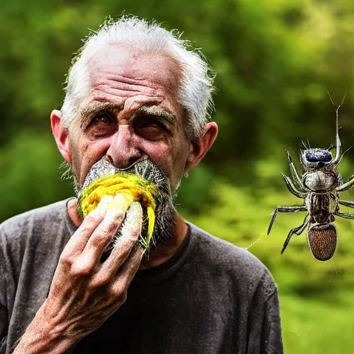 Image similar to National Geographic photo of angry old man with spiders in his mouth