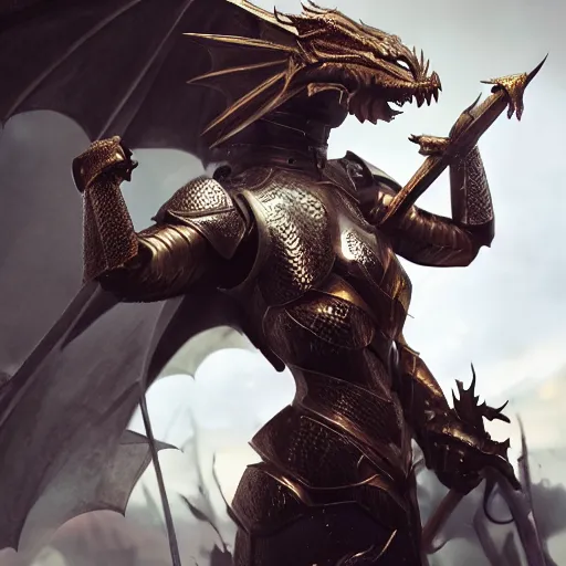 Prompt: stunning shot of a beautiful female knight, but as a hot anthropomorphic dragon, doing a majestic pose, well designed female dragon head, armor made of steel, sharp claws, HD octane render, epic cinematography, fantasy, Artstation, Deviantart, Furaffinity