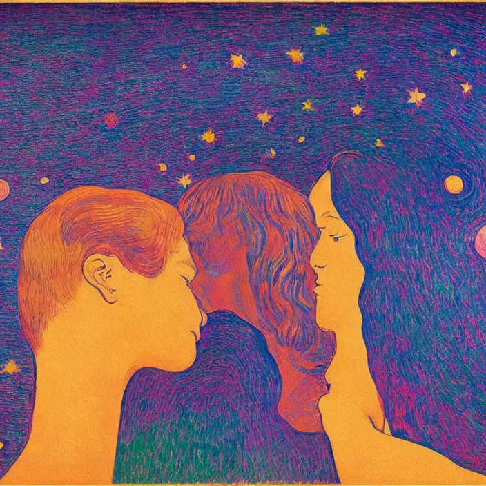 Prompt: close view of woman and man kissing. tsunami great wave, night with stars. iridescent, vivid psychedelic colors. painting by munch, rene magritte, felix vallotton, agnes pelton, egon schiele, henri de toulouse - lautrec, utamaro, monet