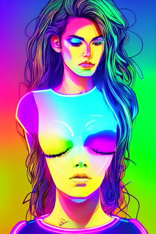 Image similar to a award winning half body portrait of a beautiful woman with stunning eyes in a croptop and cargo pants with smoky hair in rainbow colors, outlined by whirling illuminated neon lines, outrun, vaporware, shaded flat illustration, digital art, trending on artstation, highly detailed, fine detail, intricate