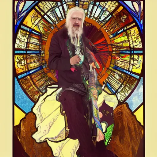 Image similar to billy connolly painted by salvadore dali in the style of the four seasons by alphonse mucha. cyberpunk dystopian portrait. high quality digital art render. 4 k