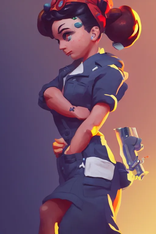 Prompt: a portrait of a cute rosie the riveter, industrial setting, overwatch art team, action pose, vivid colors, soft lighting, atmospheric, cinematic, moody, splash art in the style of ilya kuvshinov and range murata, oil on canvas, 8 k