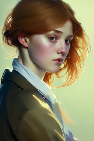 Image similar to portrait of a scottish teenage girl with dirty blonde hair, glowing skin, intelligent face, school uniform, intricate, elegant, dress shirt, highly detailed, digital painting, artstation, concept art, smooth, sharp focus, illustration, art by Krenz Cushart and Artem Demura and alphonse mucha