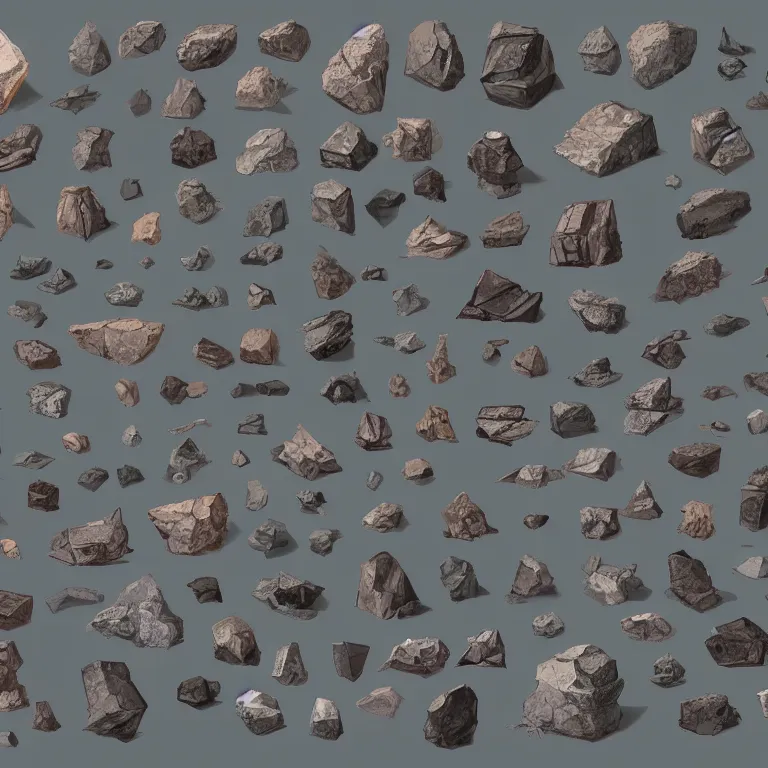 Prompt: a bunch of different shapes and sizes of rocks, concept art by senior environment artist, polycount contest winner, environmental art, concept art, 2 d game art, polycount