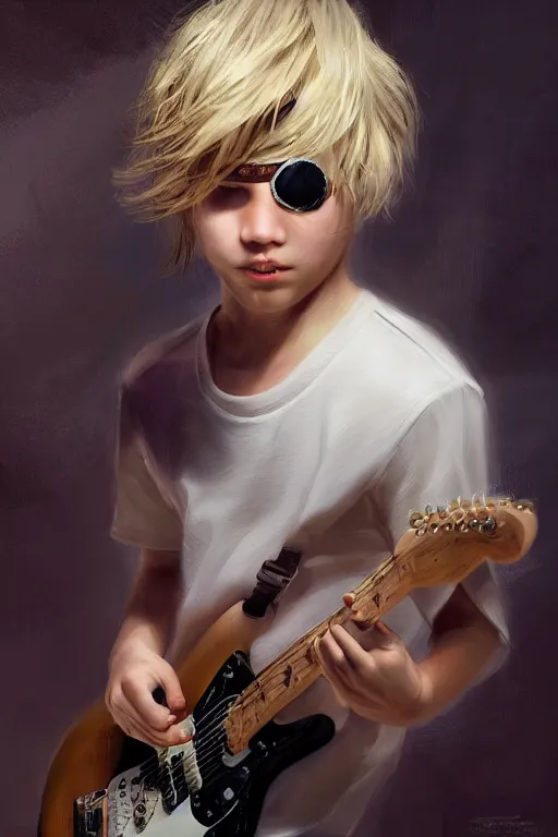 Image similar to blonde wild hair boy playing fender stratocaster, eye - patch, close - up portrait, plain white tshirt, powerfull, intricate, elegant, volumetric lighting, scenery, digital painting, highly detailed, artstation, sharp focus, illustration, concept art, ruan jia, steve mccurry