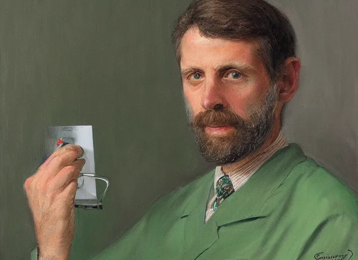 Image similar to a highly detailed green portrait of a dentist, james gurney, james jean