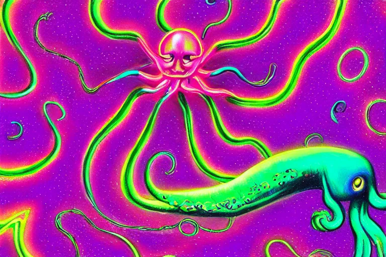 Image similar to digital art of a realistic bright glowing neon purple octopus floating in space by alex grey, (arcylic), ((synthwave)),