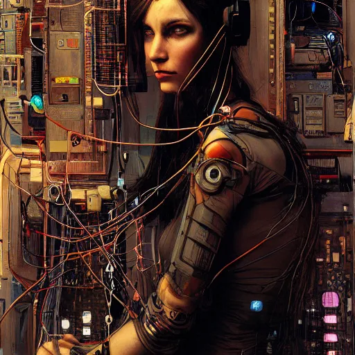 Prompt: portrait of a female cyberpunk, surrounded by wires cables skulls, machines, data, in the style of john william waterhouse, and michael w kaluta, craig mullins ashley wood