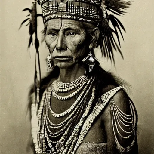 Prompt: vintage photo of an aztec queen by edward s curtis, photo journalism, photography, cinematic, national geographic photoshoot