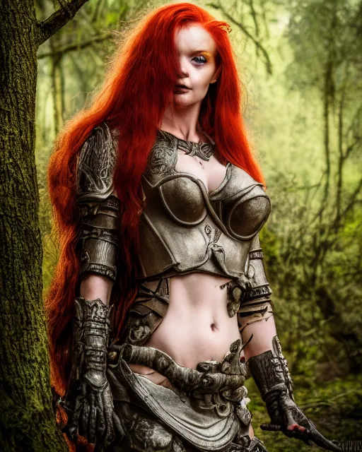 Image similar to 5 5 mm portrait photo of an armored redhead woman warrior, and horns growing from her head, in a magical forest. by luis royo. highly detailed 8 k. intricate. lifelike. soft light. nikon d 8 5 0. cinematic post - processing