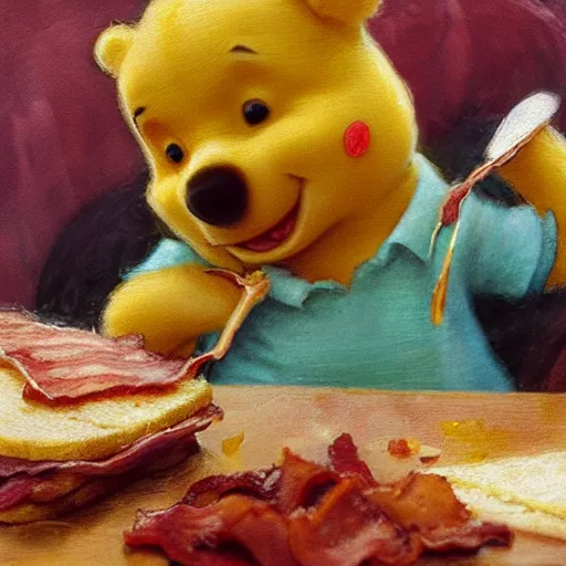 Prompt: close up of winnie the pooh eating bacon sandwich, cinematographic shot, by daniel f. gerhartz