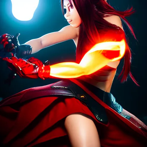 Image similar to dslr photo of beautiful erza scarlet wearing a skirt and casting a fireball against ryu hayabusa from ninja gaiden, portrait photo, real photo, real camera, extreme detailed face and body, high quality, moody lighting, fast paced lines, sharp quality, enchanting, 8 k