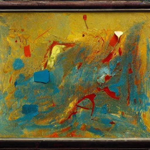 Image similar to oil paint impasto, deep under water, looking up, air bubbles, multi layered thick brush marks, some splattered paint, in the style frank auerbach and redon