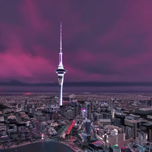 Image similar to auckland sky tower, red lighting, evil, artstation, octane render