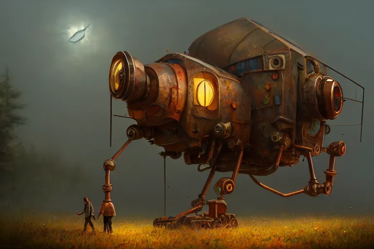 Image similar to a walking magic house with two mechanical legs, rust, hyperrealistic, highly detailed, cinematic, single ray of sun, fog, beautiful, cgssociety, artstation, 8 k, oil painting