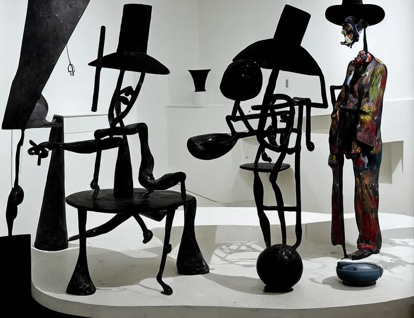 Image similar to a sculpture installation painted as a strange dusty professor in black suite and hat and a old woman making a study of drinking ten cups of black coffee in five seconds in a kitchen that is melting dali, styled by jean tinguely and niki de saint phalle