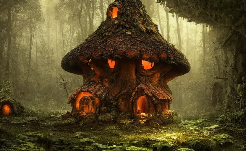 Image similar to A mushroom house!!!!, in a dark forest, small windows !!, macro, cool tones, underexposed, overecast, mysterious matte painting by greg rutkowski and marc simonetti and Ivan Shishkin, 4k