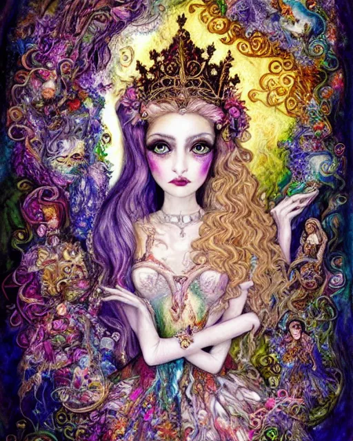 Image similar to josephine wall water colored pencils baroque bedazzled gothic royalty frames surrounding a pixelsort highly detailed portrait of a detailed pencil portrait with watercolor of a beautiful monster high doll, by sabrina eras, alice x. zhang, agnes cecile, blanca alvarez