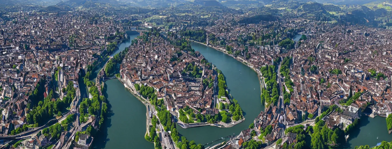 Image similar to Photo of Zurich, looking down the river at the lake and the alps, Hardturm, Grossmünster, wide angle, volumetric light, hyperdetailed, mountain water, artstation, cgsociety, 8k