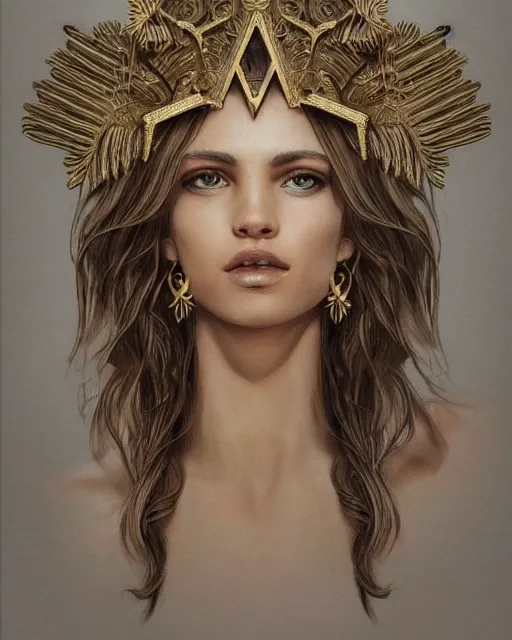 Prompt: front view of beautiful super model aphrodite greek goddess wearing a gold laurel wreath and triangle earrings, realism tattoo sketch, beautiful piercing eyes with sharp pupils, beautiful blonde hair, in the style of greg rutkowski, fantasy, amazing detail, epic, elegant, smooth, sharp focus