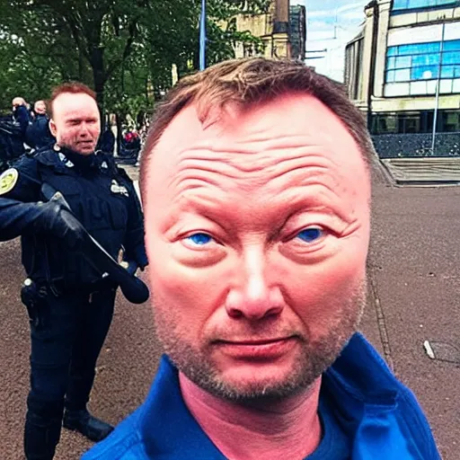 Image similar to Limmy as solid snake ballooning a policeman in Glasgow,