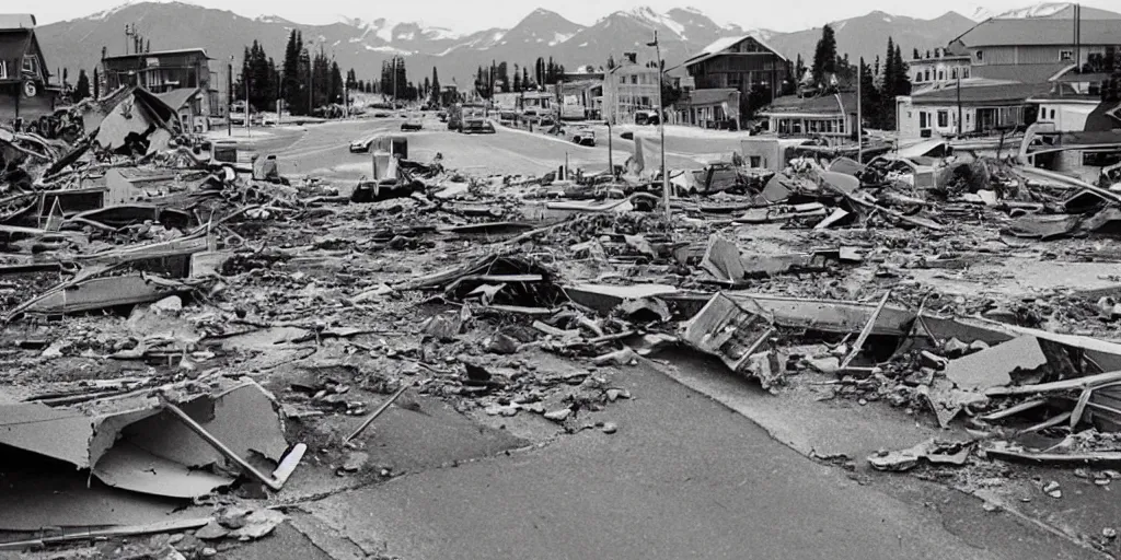 Prompt: aftermath of the destruction caused by the 1 9 6 4 alaska earthquake, photography