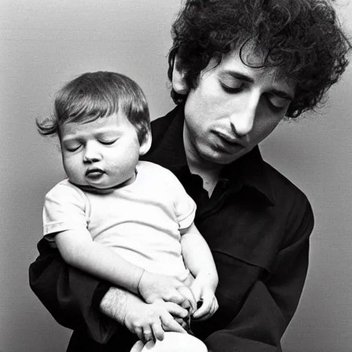 Prompt: bob dylan cradling fat little man like a baby, photograph, 1 9 6 5