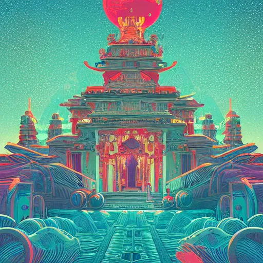 Prompt: highly detailed illustration of a temple on a strange planet, featured in juxtapoz magazine, featured in behance, by kilian eng, by thomas rome