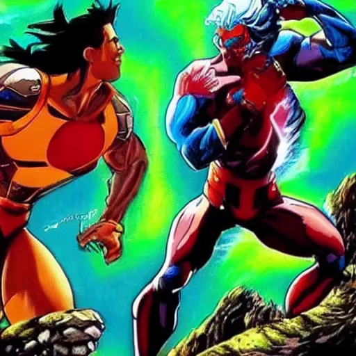 Prompt: epic scene hyper realistic version of captain planet, earth, wind, fire, love, light, fight, live action, awesome,