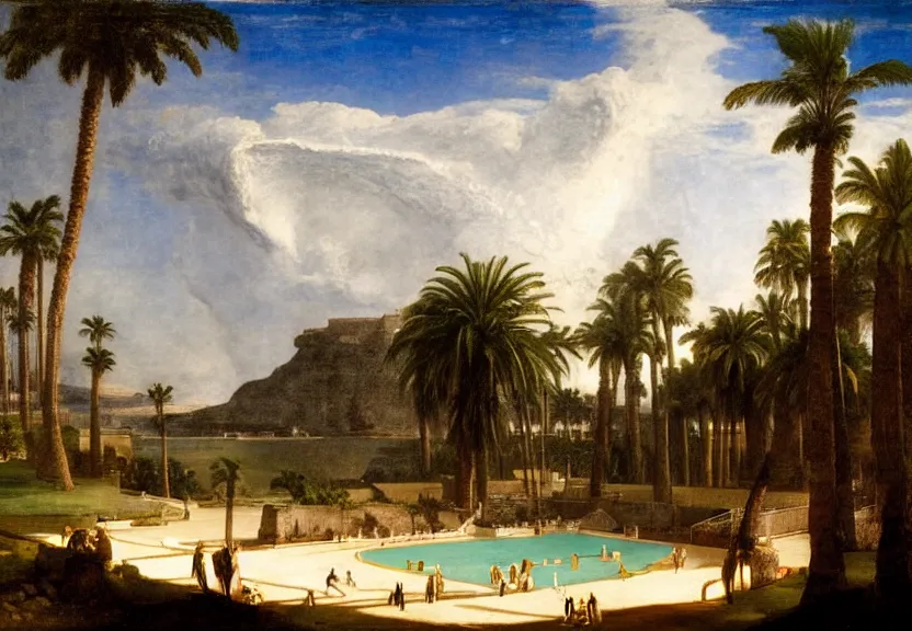 Image similar to The highest coliseum ever made, 1km tall, thunderstorm, greek pool, beach and palm trees on the background major arcana sky, by paul delaroche, hyperrealistic 4k uhd, award-winning very detailed