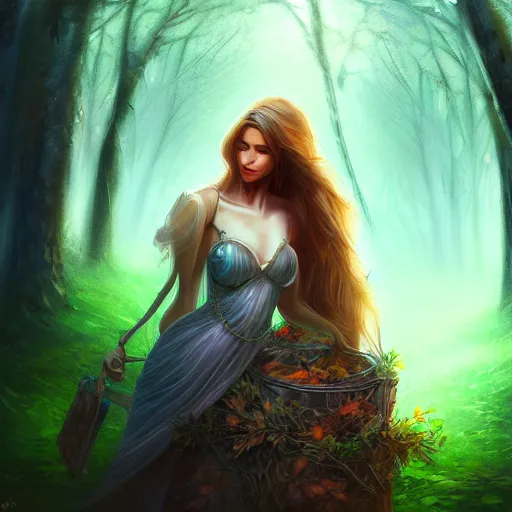 Image similar to upper body of a beautiful woman clothed in trash standing in an enchanted forest, high fantasy, elegant, epic, detailed, intricate, digital painting, concept art, realistic detailed face, smooth, focus, rim light