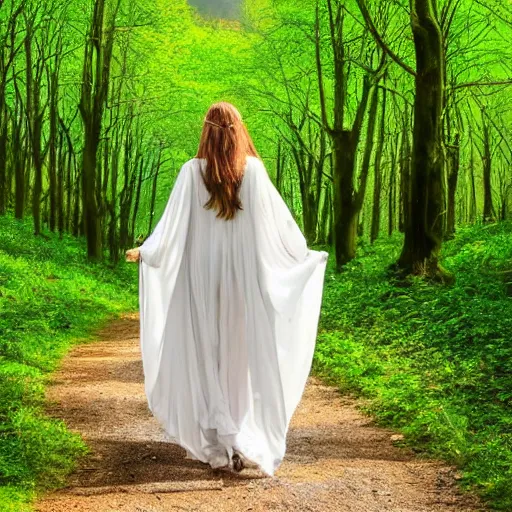 Image similar to The radiant lady Galadriel walking in a beautiful field in a forest, mountains in the distance, medium shot, confident, gorgeous, stunning, detailed, very realistic