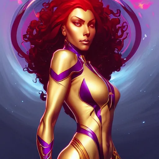 Image similar to symmetry!! intense fanart of starfire, intricate, elegant, highly detailed, my rendition, digital painting, artstation, concept art, smooth, sharp focus, illustration, art by artgerm and greg rutkowski and alphonse mucha