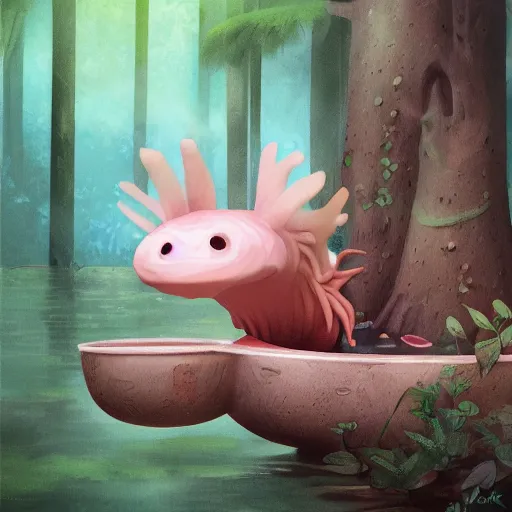 Prompt: axolotl sitting in a bucket with a forest background, award winning art, trending on artstation, digital art, painting, matte painting, render