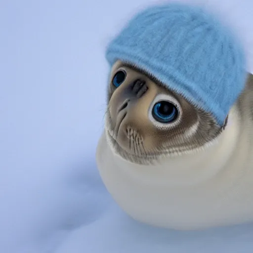 Prompt: photorealistic hd baby harpy seal wearing a light blue winter hat, snowy, cold, arctic tundra, photorealistic, adorable