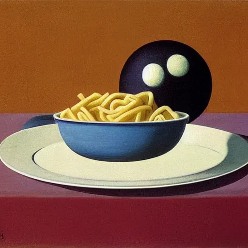 Prompt: ' a pig, a soccer ball, a plate of pasta, painting by rene magritte'
