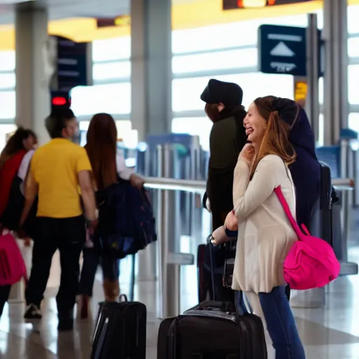 Prompt: welcoming sister at the airport, joyful, detailed