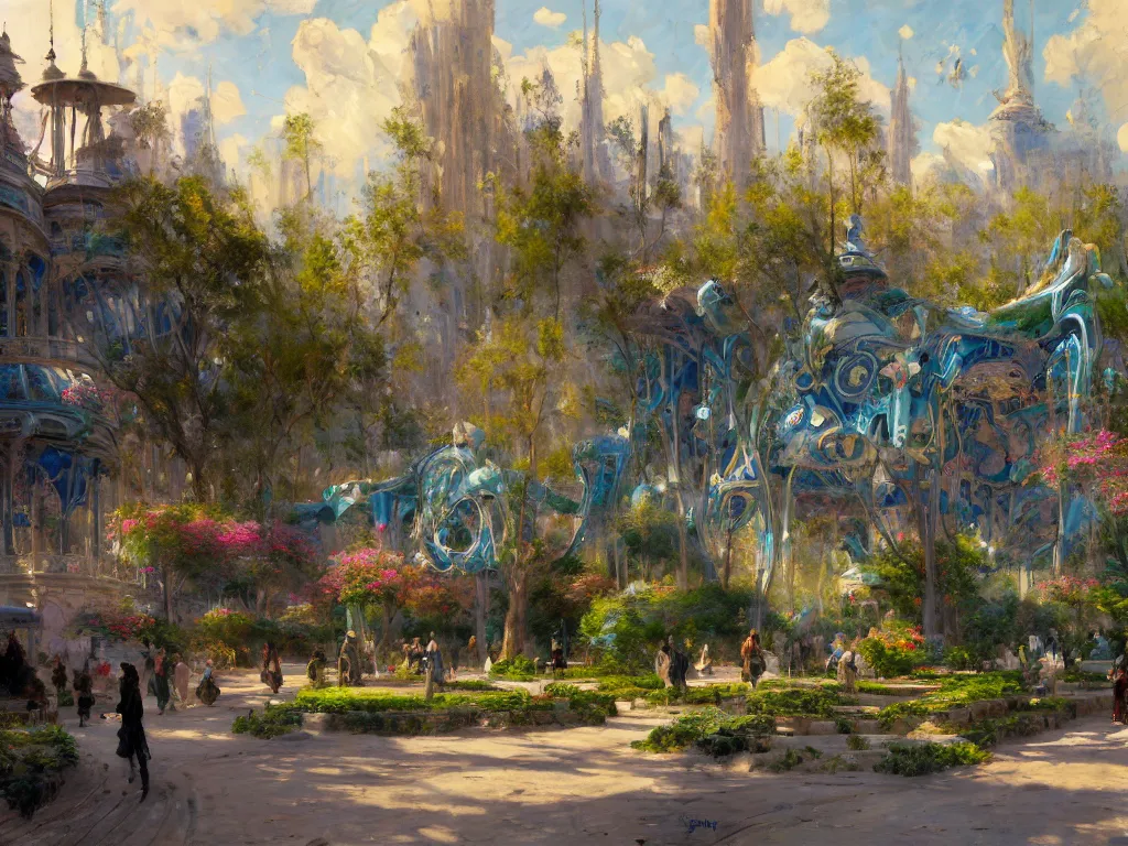 Image similar to impressionist brushstrokes!!!! solomon joseph solomon and richard schmid and jeremy lipking victorian loose genre loose painting of a busy elaborate ornate outdoor sci - fi park, cinematic, shadows, partly cloudy day, 4 k, detailed, by zaha hadid and peter jackson and ridley scott and beeple and greg rutowski