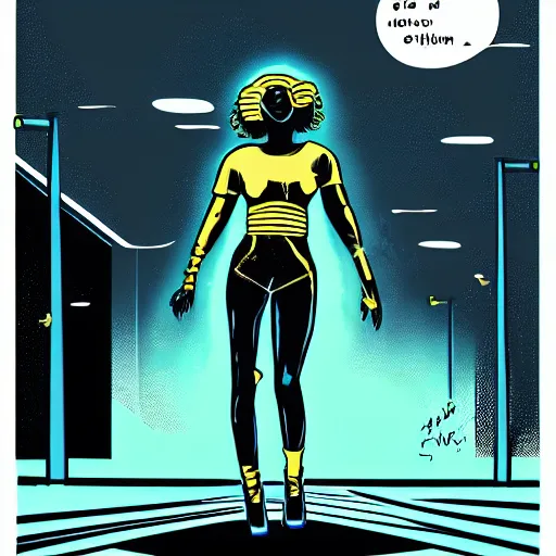 Prompt: afrofuturist woman walking down the busy street wearing gold jewelry, simple, cyberpunk, far shot, retro comic art style