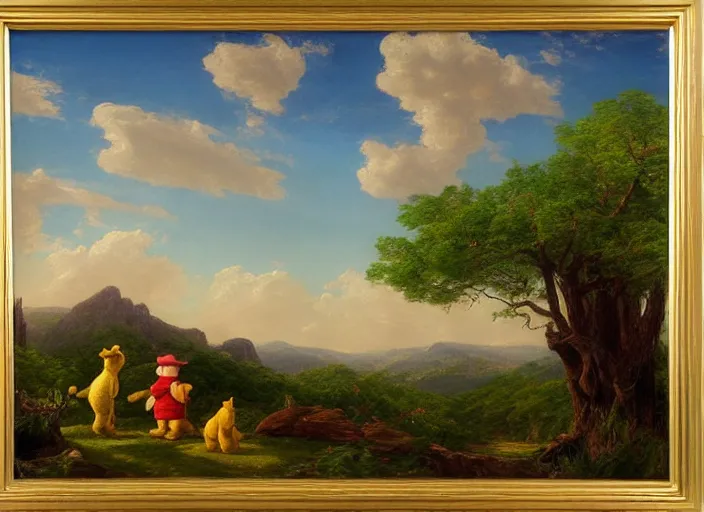 Image similar to american realist romanticism landscape painting of winnie the pooh characters in the style of hudson river school and thomas cole and albert bierstadt and robert duncanson