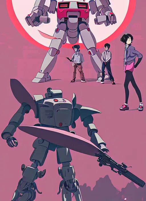 Image similar to Artwork by James Jean, Phil noto and hiyao Miyazaki; a young Japanese future samurai police girl named Yoshimi battles an enormous looming evil natured carnivorous pink gundam robot on the streets of Tokyo; Japanese shops and neon signage; crowds of people running; Art work by studio ghibli, Phil noto and James Jean