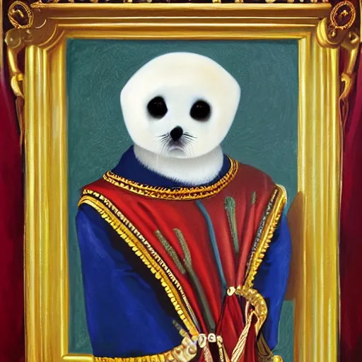 Prompt: portrait of a anthropomorphic baby harp seal dressed as an italian king, oil painting by sandra bottecelli